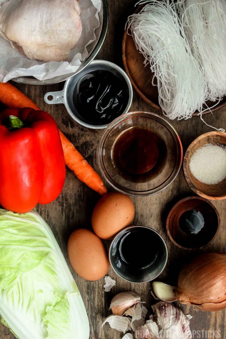 Ingredients for Pad Woon Sen (bean thread noodles, carrots, cabbage, fish sauce, Thai seasoning sauce, sugar, oyster sauce, onions, garlic)