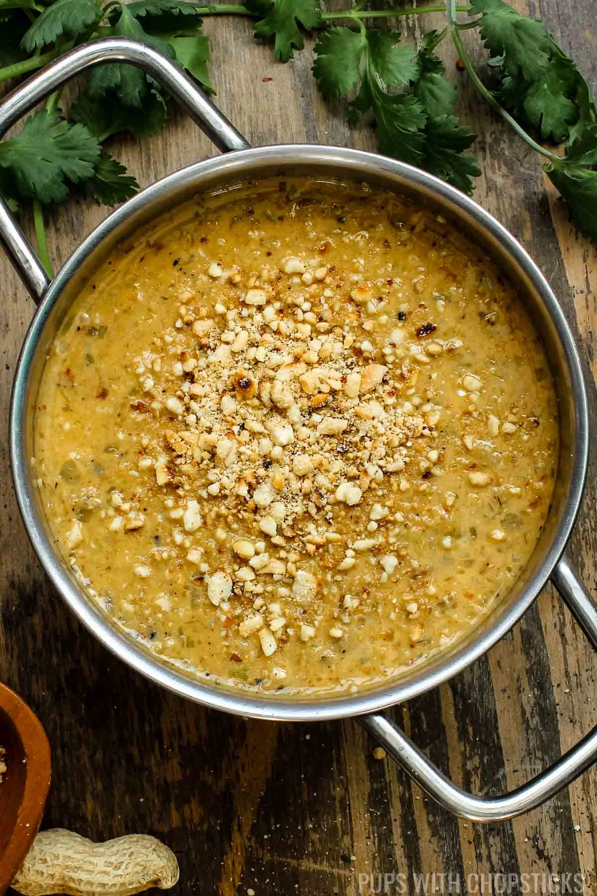 Closeup of peanut sauce made from scratch with peanuts