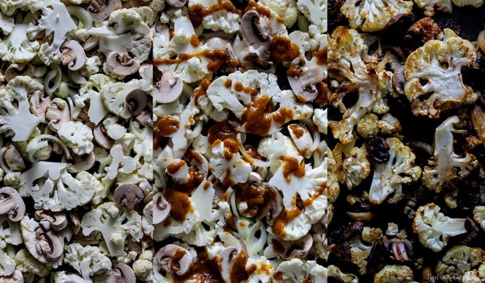 Roasted cauliflower and mushrooms with miso on a baking tray
