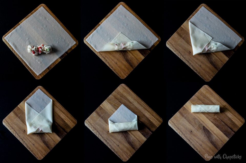 Homemade Cheesy Crab Spring Rolls being shown step by step in 6 steps how to roll them.
