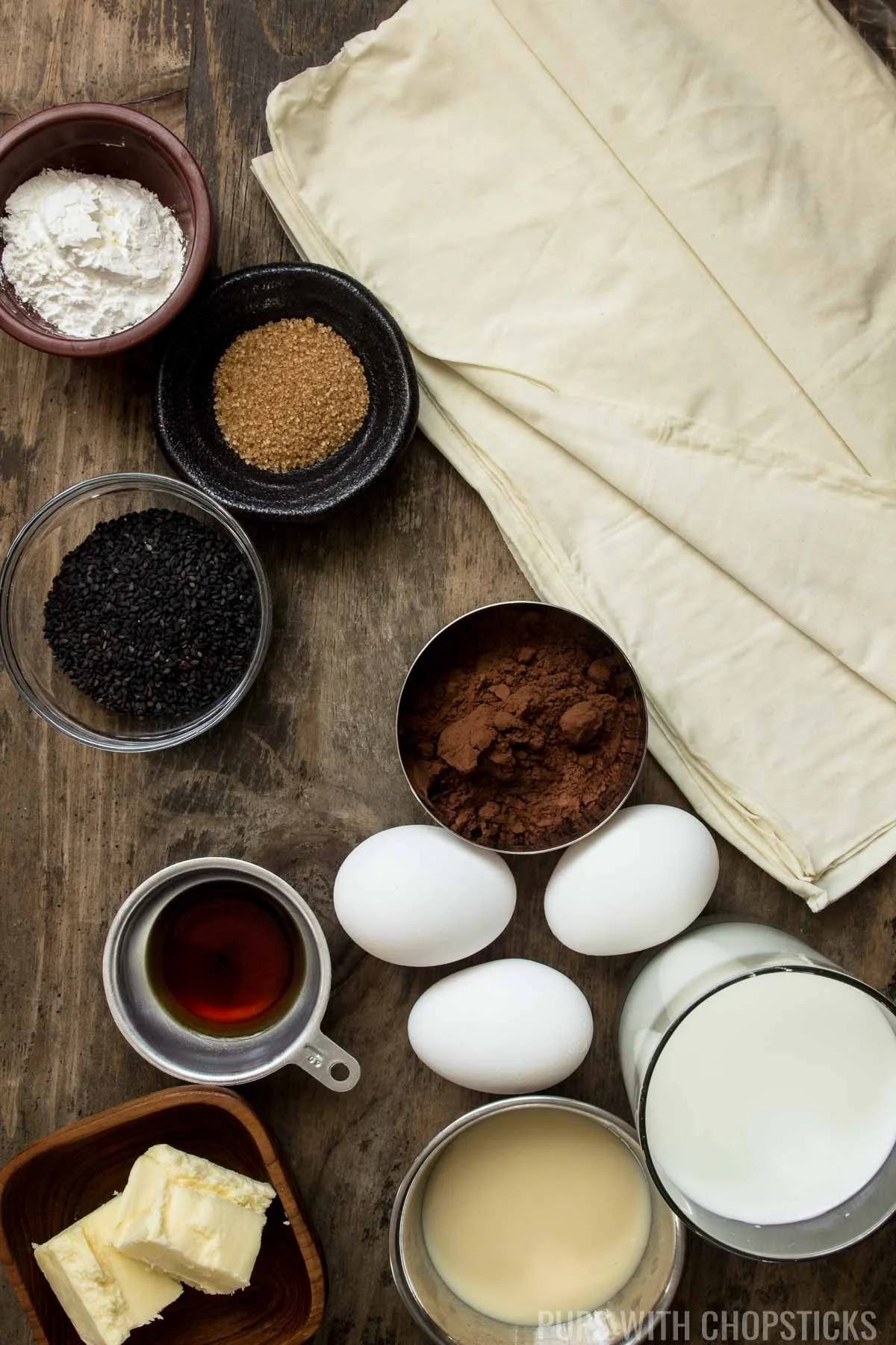 black sesame chocolate ruffled pie ingredients (phyllo pastry, cocoa powder, eggs, butter, condensed milk, black sesame, sugar)