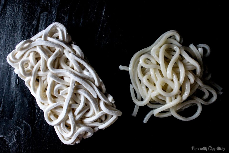 Udon noodles both in frozen form and defrosted form