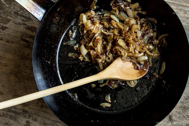Caramelized onion in a frying pan for savory oatmeal