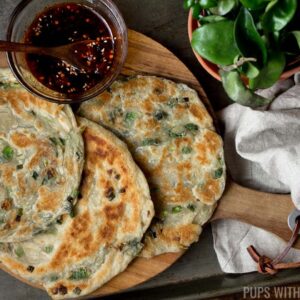 Scallion Pancakes laid out with dipping sauce