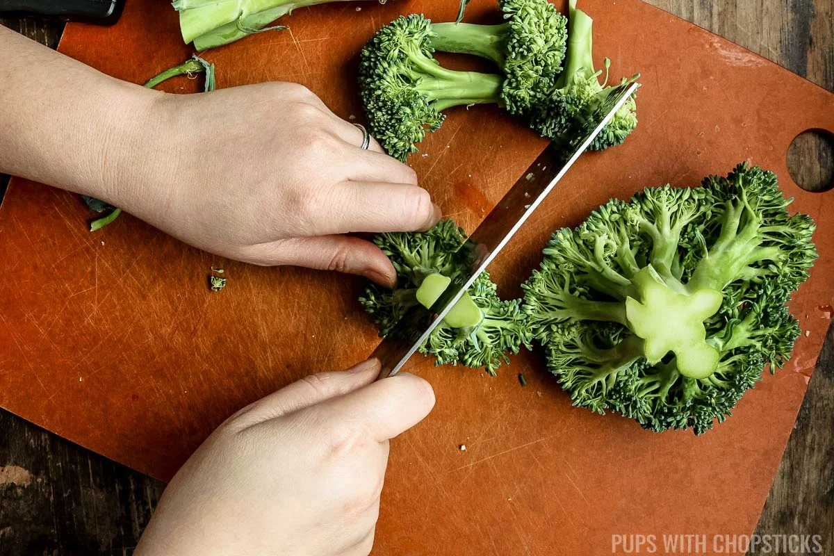 Cut broccoli by cutting downwards towards florets.