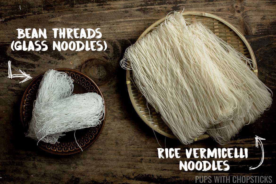 Difference between glass noodles (smaller bundle and white in color) and rice vermicelli (large sheet, off white in color)