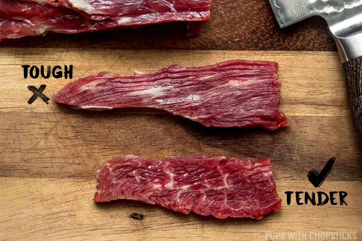 2 beef slices, shows how to slice against the grain to get it tender