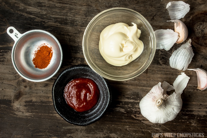 Ingredients for Sriracha Mayo (Sriracha, cayenne pepper, Japanese kewpie mayo, garlic)