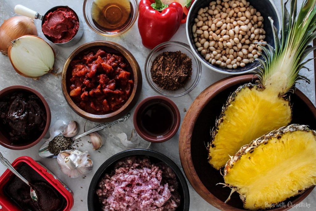 Ingredients laid out for Sweet & Smoky Pineapple Chipotle Chili on a counter