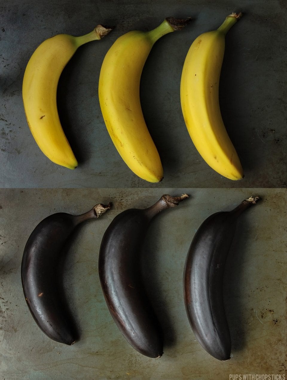 Yellow bananas roasted in the oven to show the difference in color