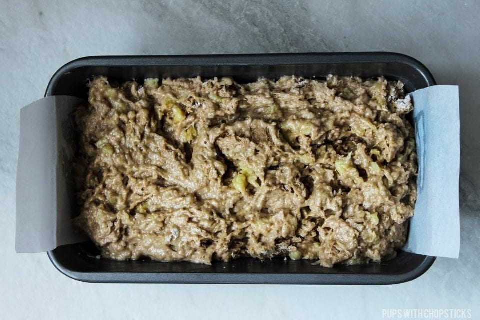 Banana bread batter in a loaf pan, ready to put in the oven