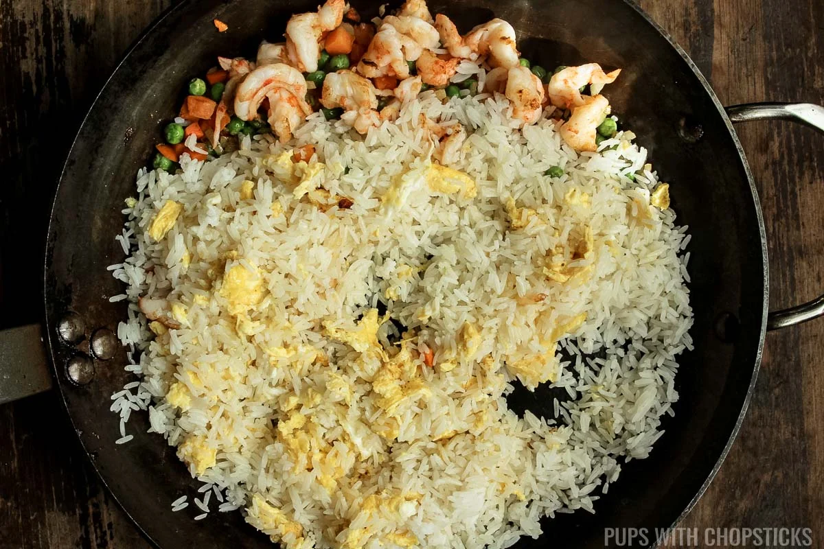 mix rice with eggs only in frying pan