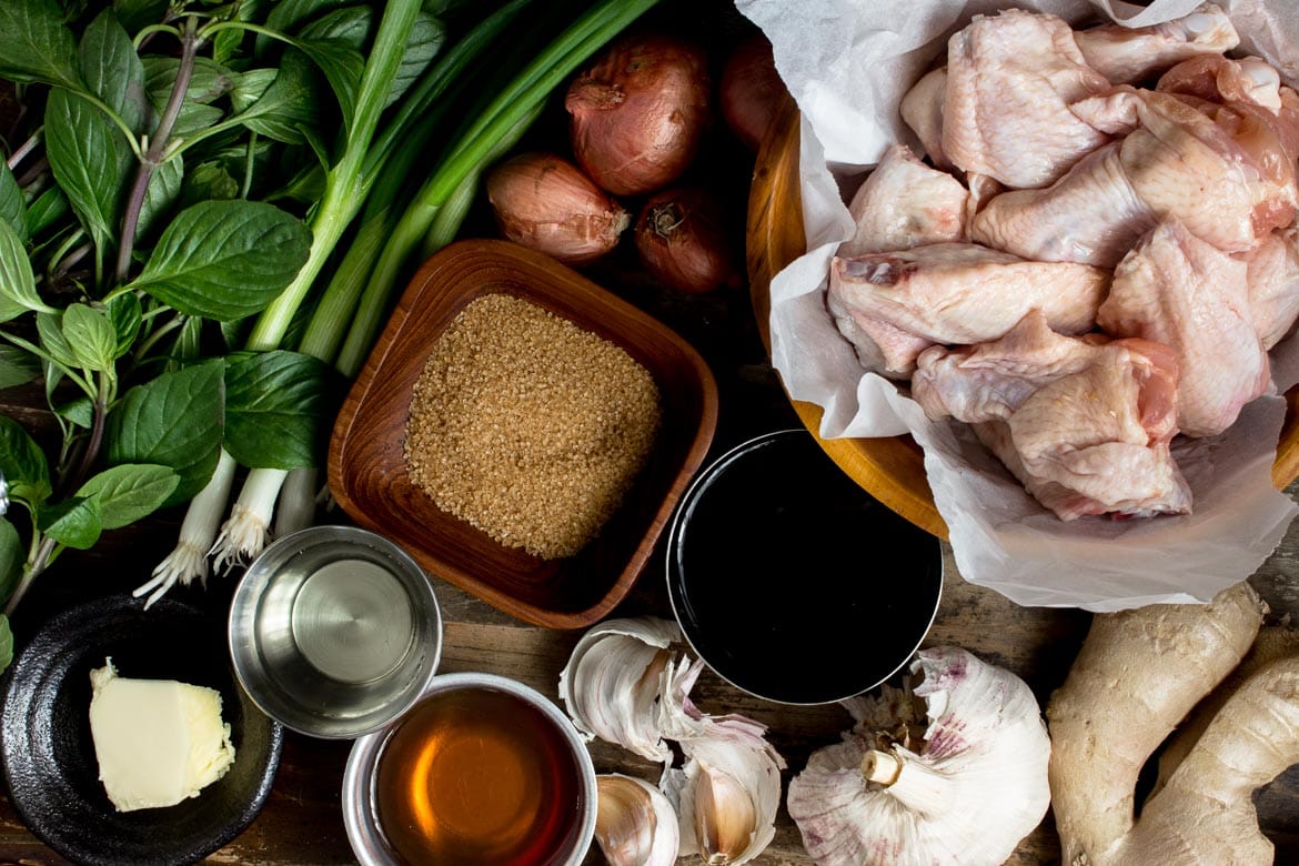 Ingredients laid out for Three Cup Chicken recipe