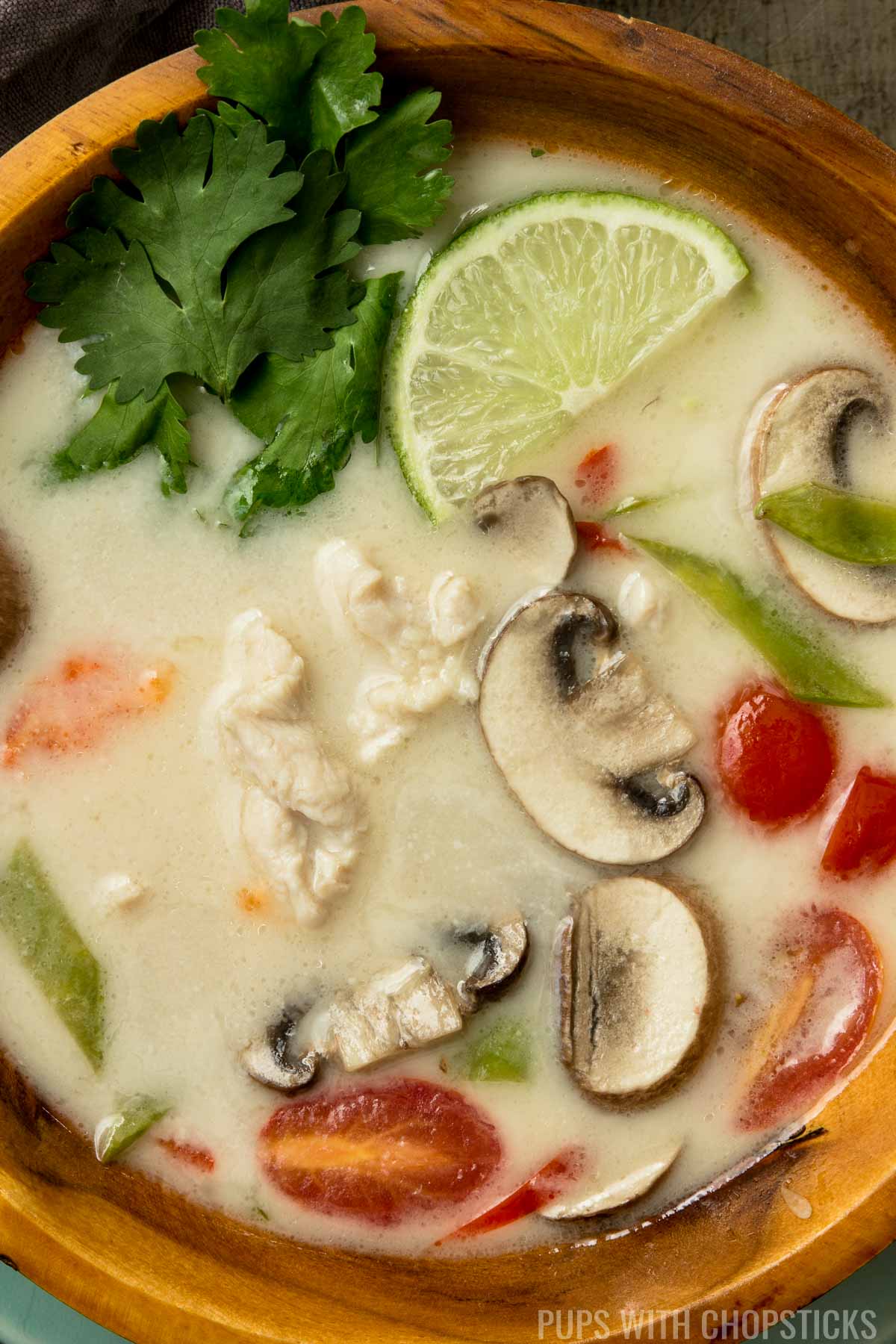 A closeup of tom kha gai soup with mushrooms, tomatoes, snow peas and chicken.
