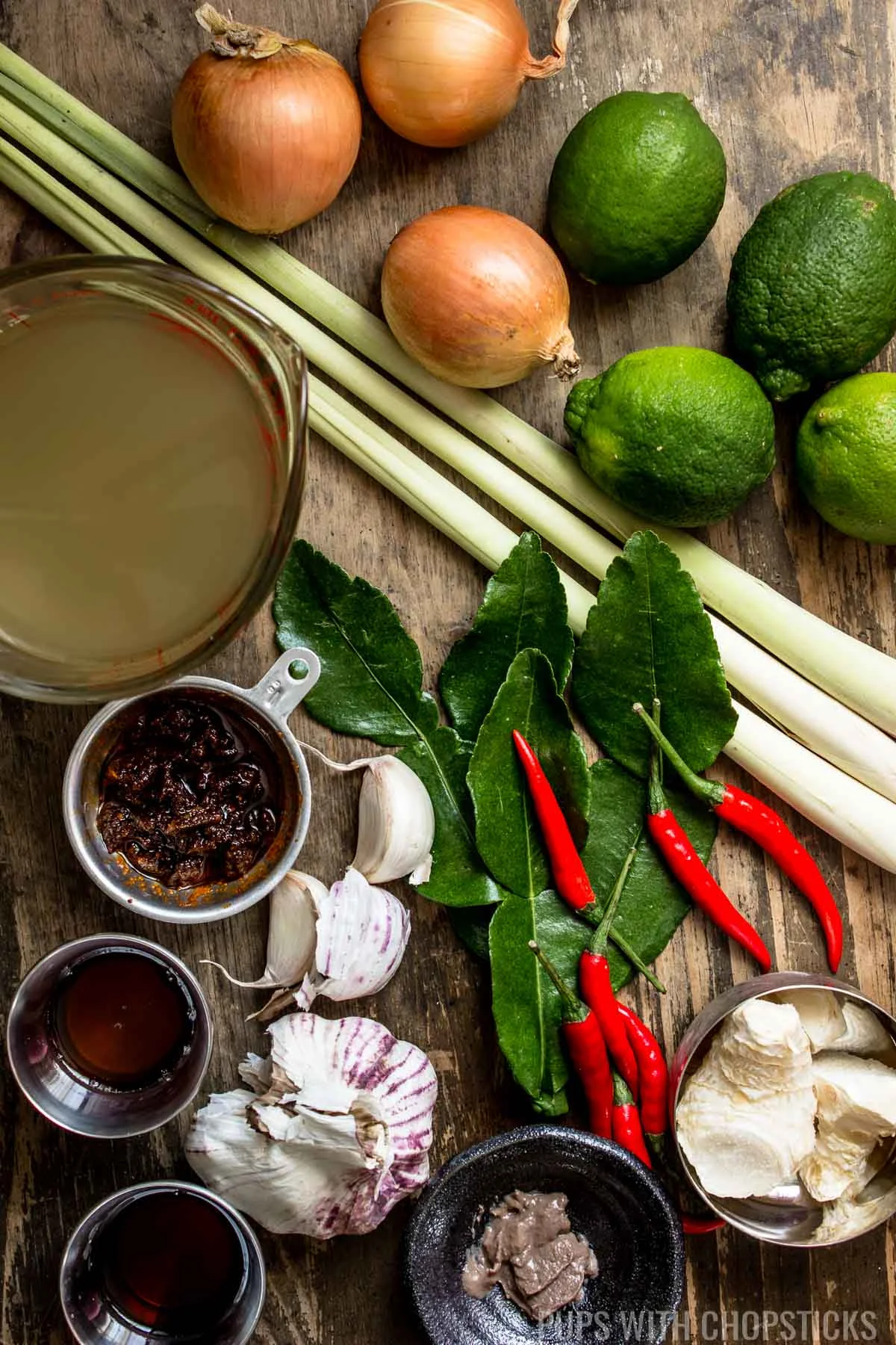 Tom Yum Goong Ingredients (shrimp paste, garlic, nam prik pao , onions, fish sauce, galangal, lemongrass, kaffir lime leaves, lime, chicken stock)