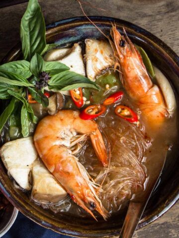 Close up of Tom Yum Soup with Shrimp