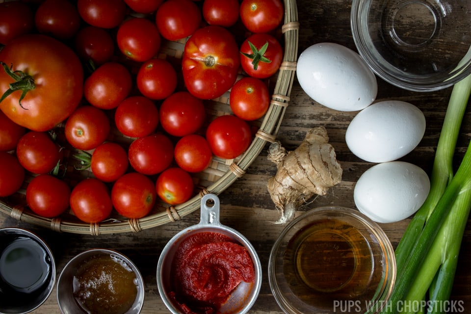 Chinese Tomato and Egg Stir Fry Ingredients (tomatoes, eggs, ginger, tomato paste, honey, soy sauce)