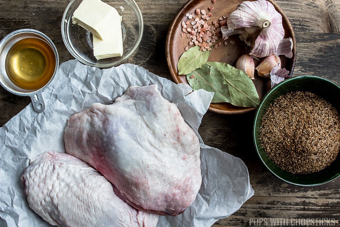 Ingredients for Roasted Turkey Thighs (turkey, honey, butter, coffee spices, garlic, bay leaves, salt)