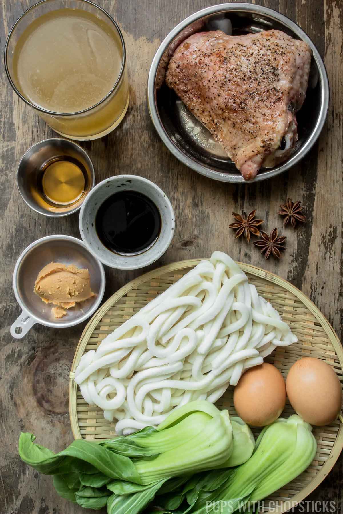 Ingredients for Udon Noodle Soup (udon noodles, eggs, boy choy, miso, soy sauce, broth, star anise, turkey, sesame oil)
