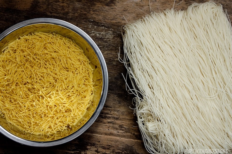 Close up of the difference between vermicelli pasta and vermicelli noodles