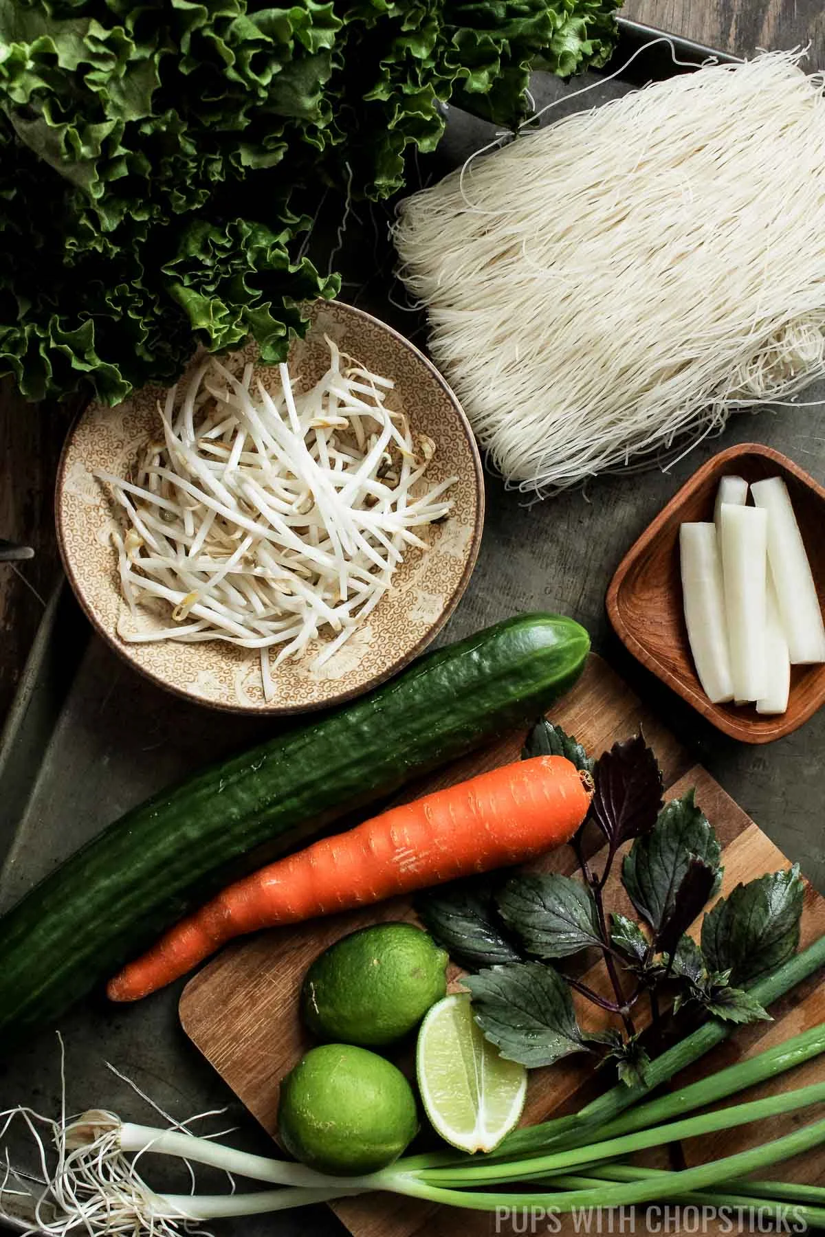 Vietnamese Vermicelli Noodle Bowl Ingredients (vermicelli, carrots, cucumber, lime, bean sprouts, lettuce, green onions)